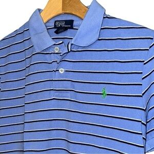 Polo Ralph Lauren L 14 16 Navy Light Blue White Striped Short Sleeve Polo Shirt